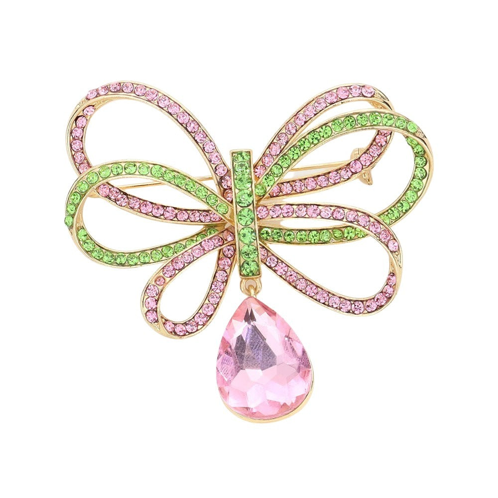 1 of 2: Pink and Green Pave Rhinestone Ribbon Dangle Brooch  ( Gold Tone)