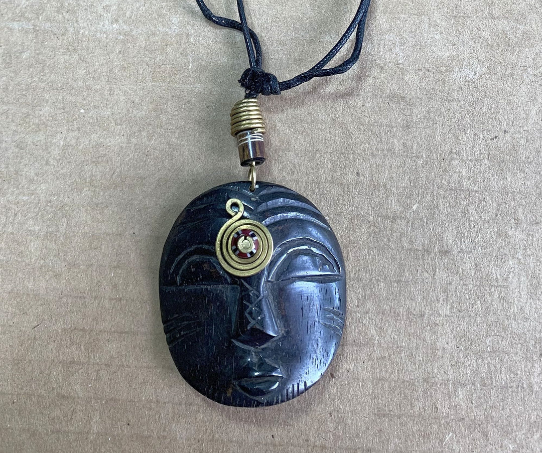 Third Eye II: Authentic Handmade African Mask Bone & Brass Pendant Necklace