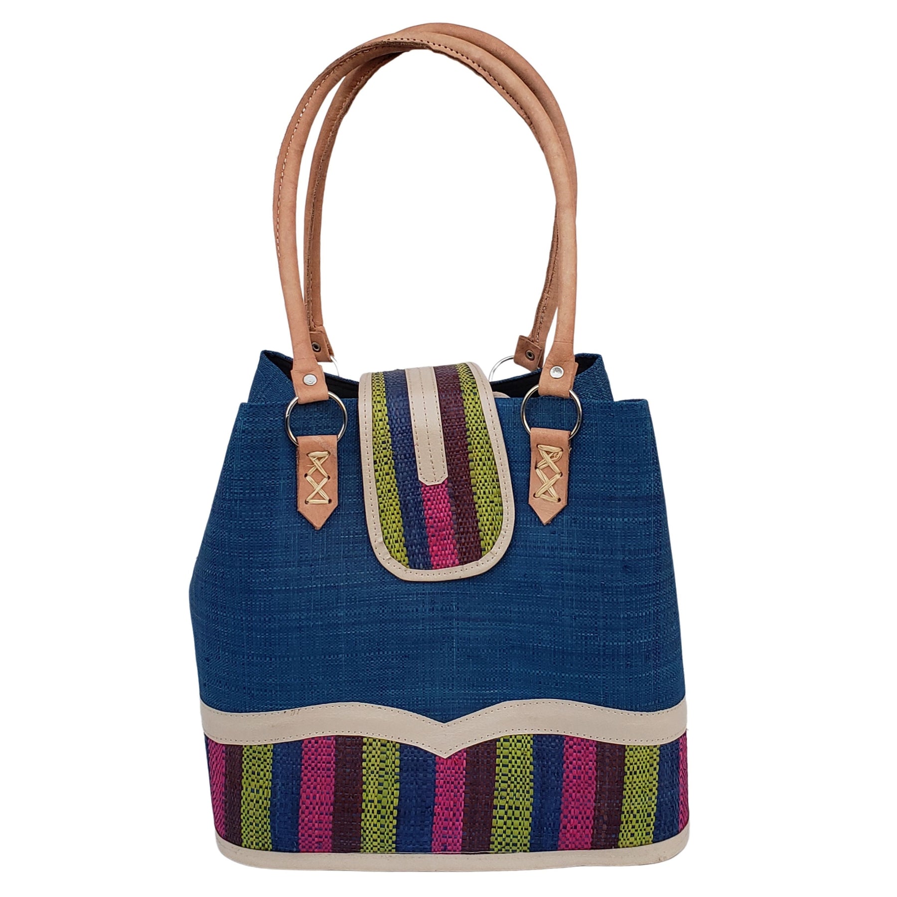 1 of 27: Rowena Raffia Bag-Hand Bag-The Raffia Boutique-Blue Stripe-Raffia and Leather-The Black Art Depot