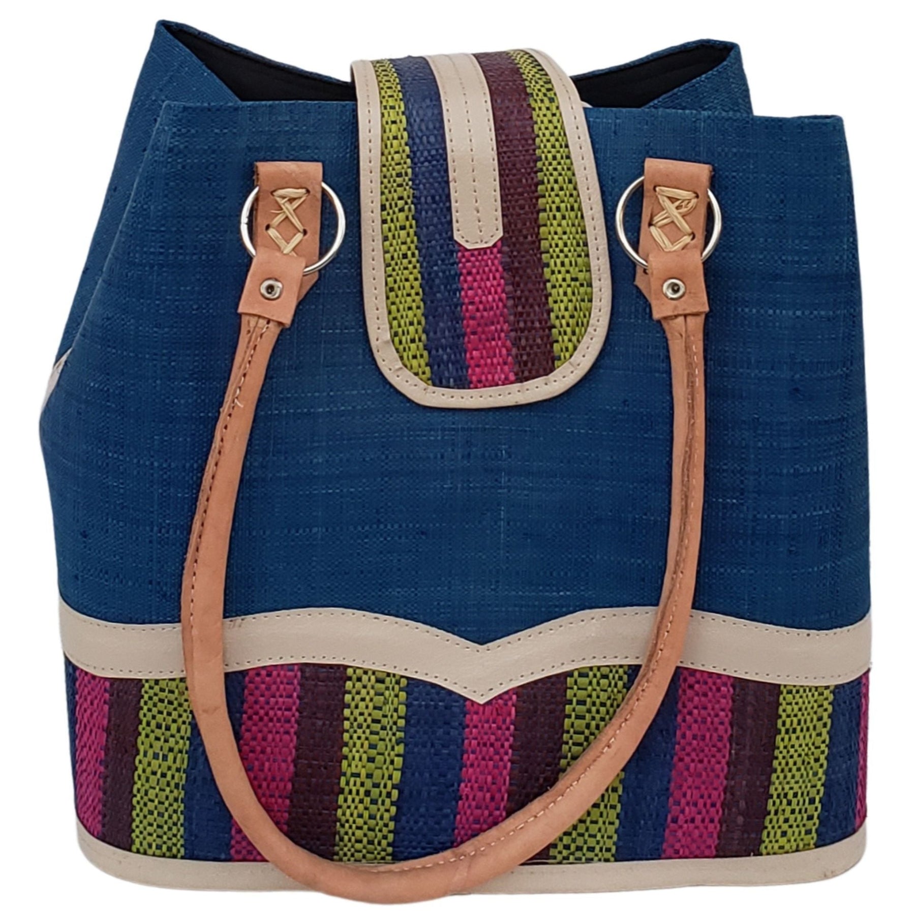 23 of 27: Rowena Raffia Bag-Hand Bag-The Raffia Boutique-Blue Stripe-Raffia and Leather-The Black Art Depot
