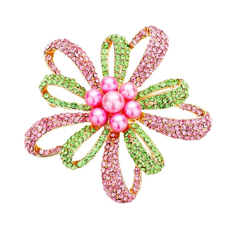 Alpha Kappa Alpha Inspired Pink and Green Flower Pave Rhinestone Brooch with Pink Cluster Faux Pearls