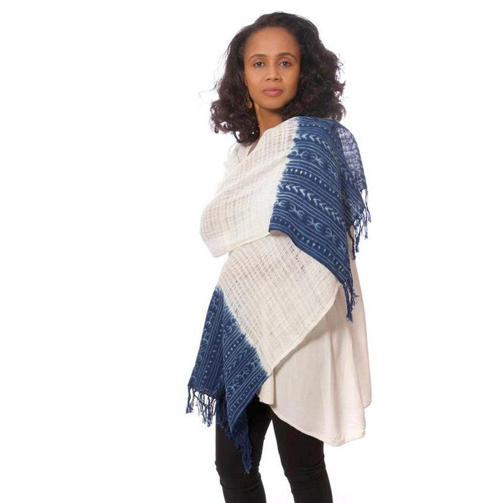 Coumba: Natural and Blue African Mudcloth Scarf (Mali)