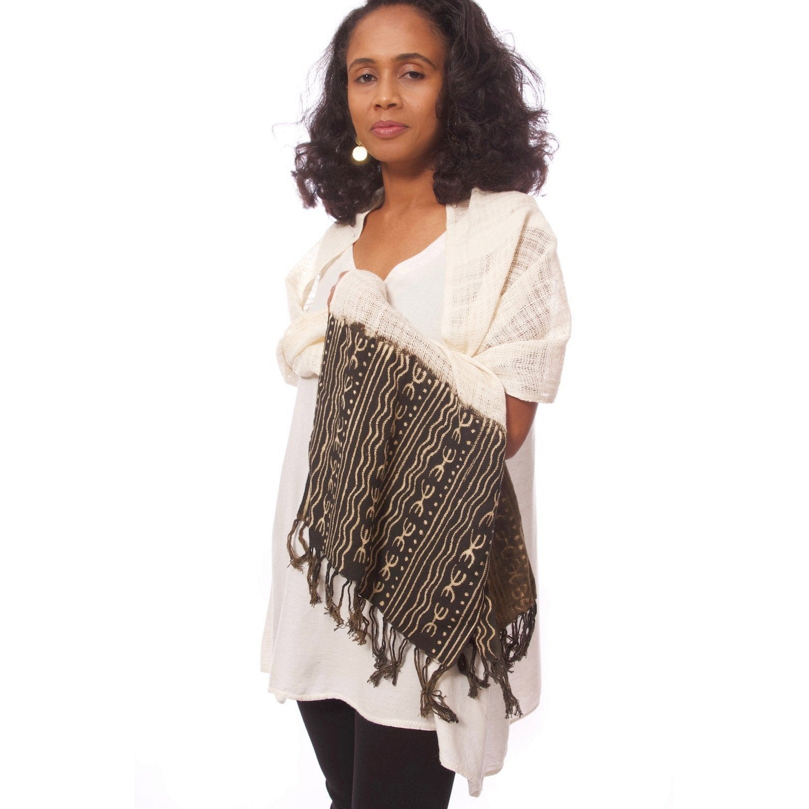 2 of 14: Coumba: Natural and Black African Mudcloth Scarf (Mali)