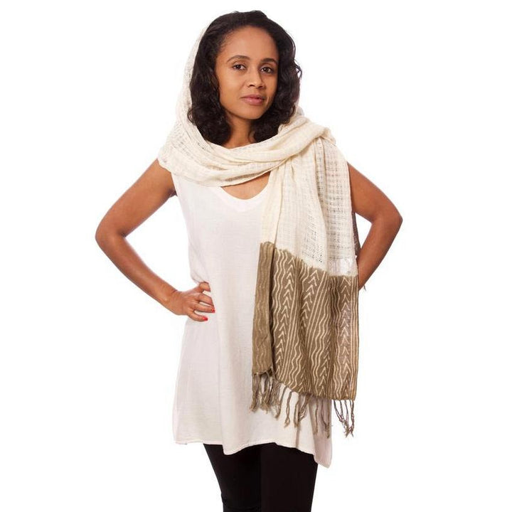 Coumba: Natural and Tan African Mudcloth Scarf (Mali)