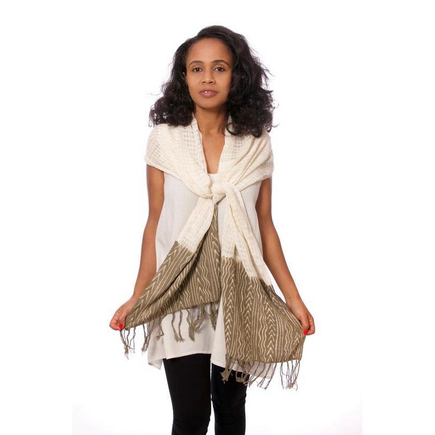 13 of 14: Coumba: Natural and Tan African Mudcloth Scarf (Mali)