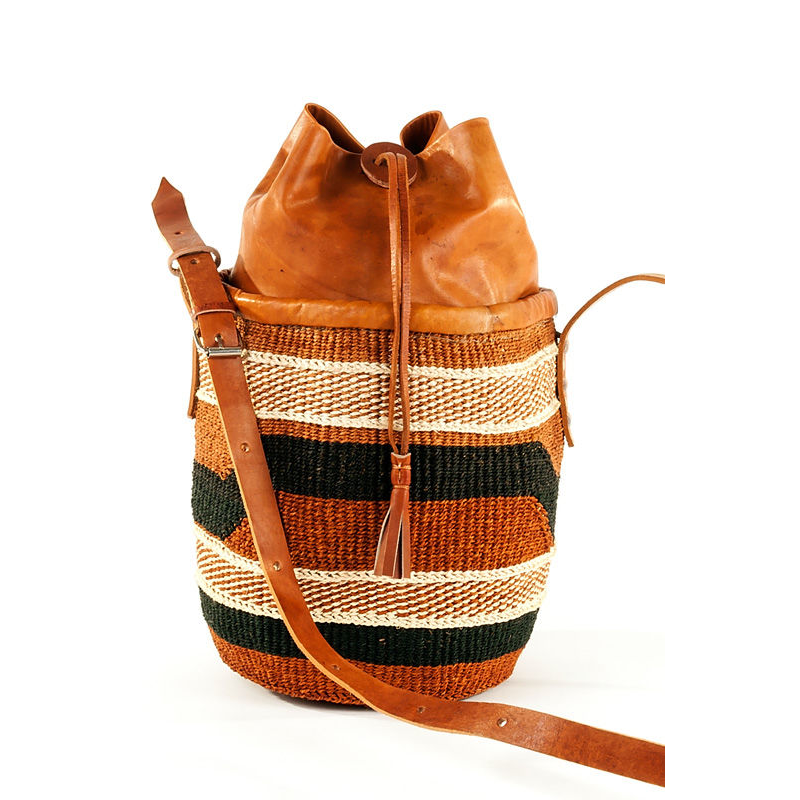 Authentic African Hand Made Sisal & Leather Bag with Leather Clinch Top
