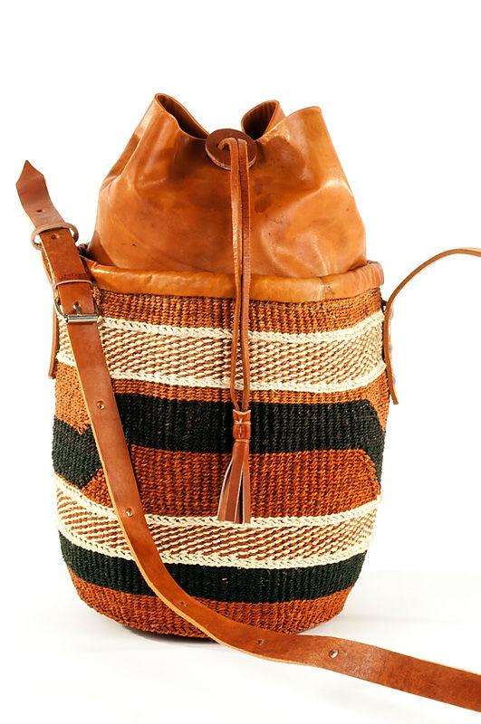 Authentic African Hand Made Sisal & Leather Bag with Leather Clinch Top