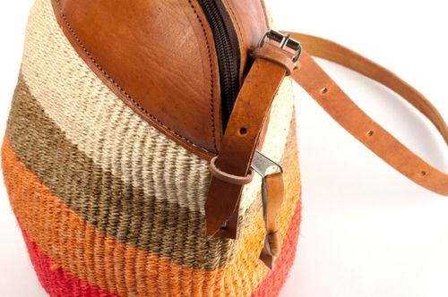 Authentic African Hand Made Citrus Colored Kiondo (Bag) with Leather Trim