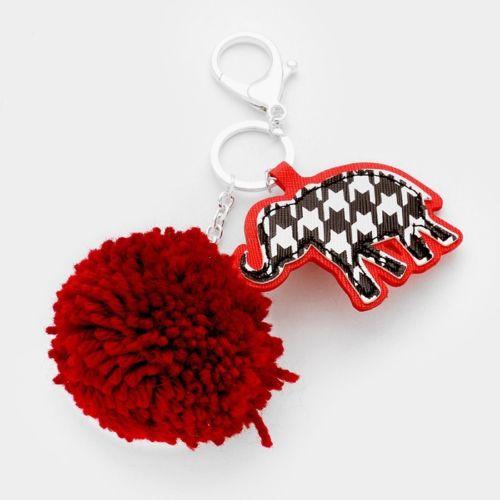 Silver Toned Key Chain with Houndstooth Elephant and Crimson Pom Pom