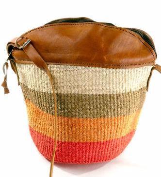 Authentic African Hand Made Citrus Colored Kiondo (Bag) with Leather Trim