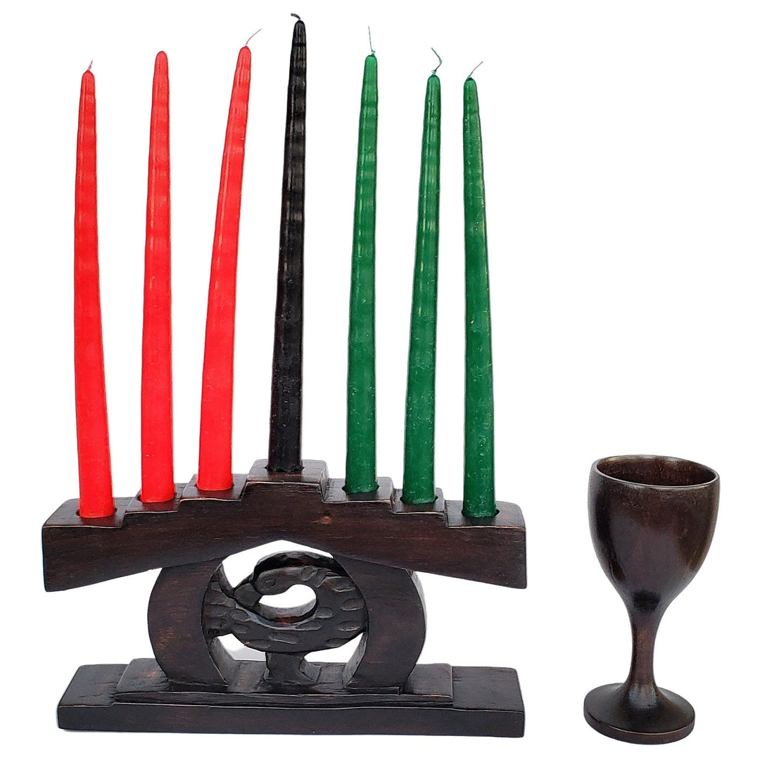 Sankofa: Authentic Hand Carved Kwanzaa Kinara Wood Celebration Set (Brown)