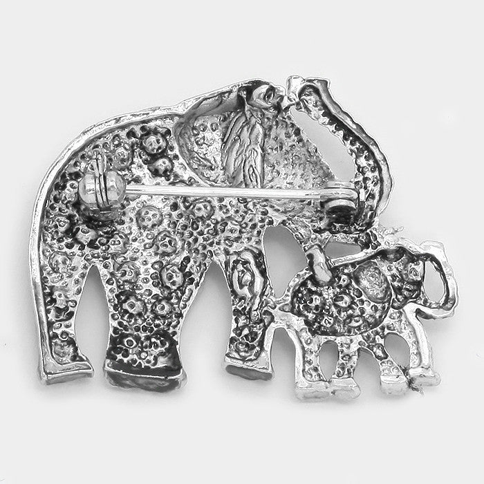 Silver Toned Crystal Pave Elephant Family Brooch (Back)