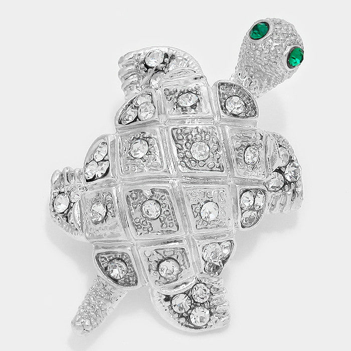 Order of Turtle Inspired Crystal Pave Silver Toned Brooch (Front)