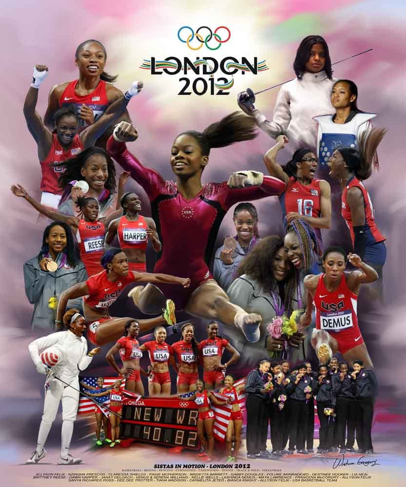 Sistas in Motion (2012 Olympics) by Wishum Gregory (Black Frame)