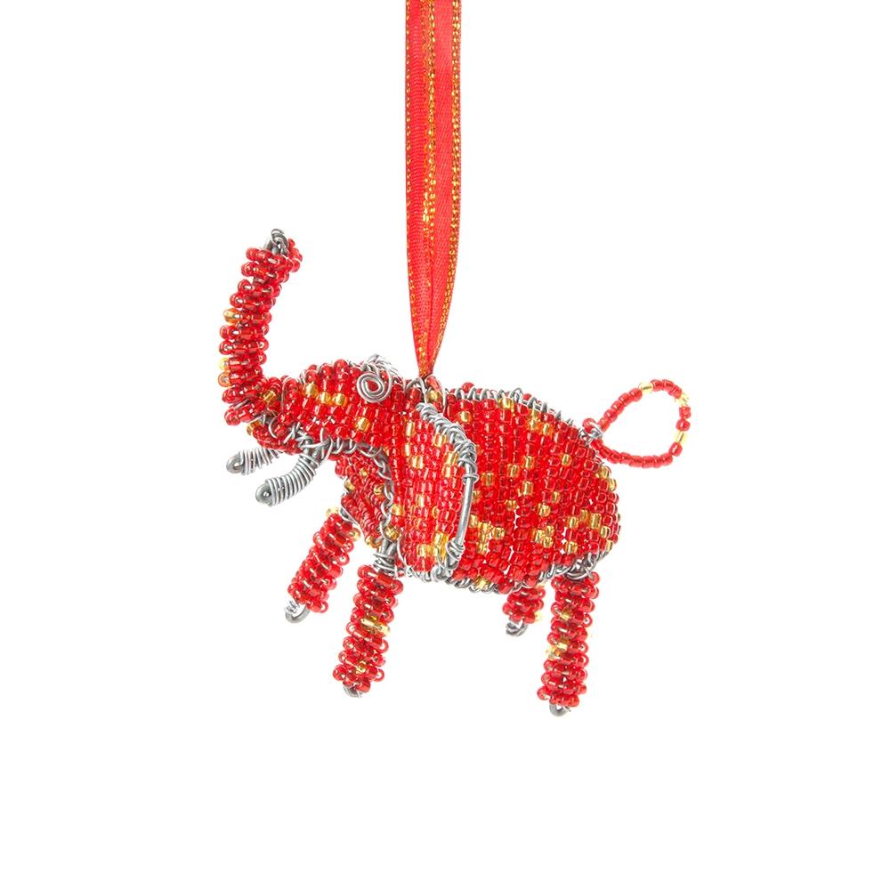 Red Beaded Elephant: Authentic African Christmas Ornament