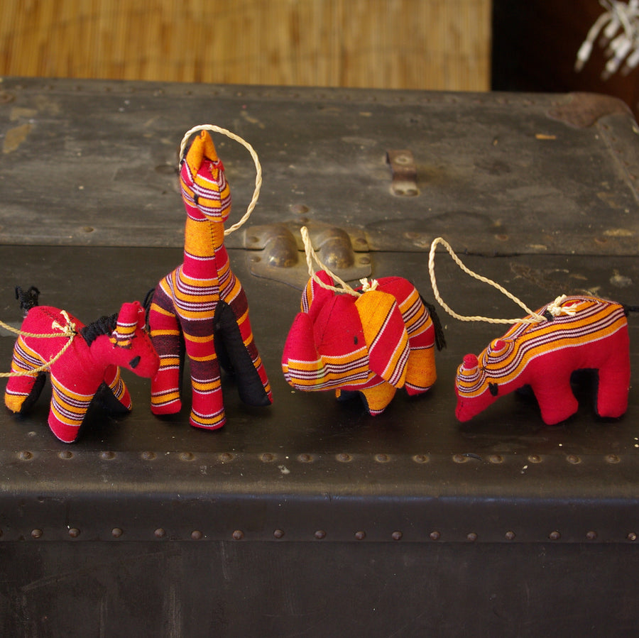 Ugandan Hand Sewn Stuffed Animal Ornament Set (Kikoyi Fabric) by Kanzi East African Crafts