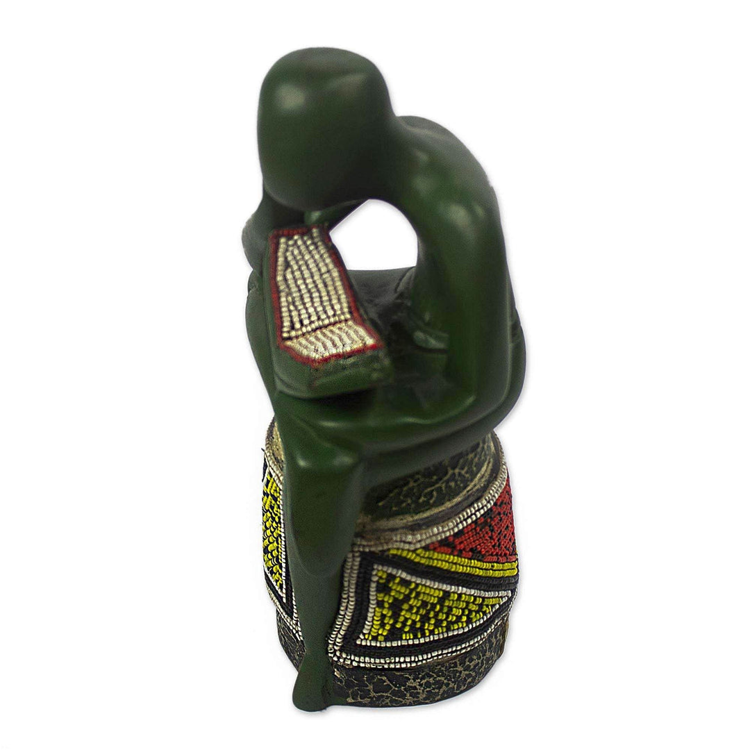 The Beaded Reader: Authentic African Wood Sculpture by Theophilus Anum