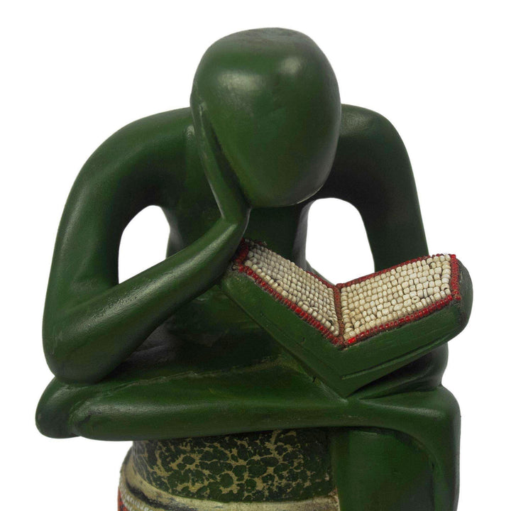 The Beaded Reader: Authentic African Wood Sculpture by Theophilus Anum