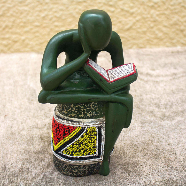 The Beaded Reader: Authentic African Wood Sculpture by Theophilus Anum