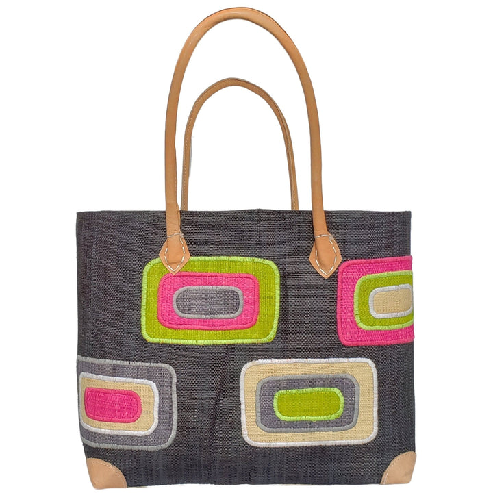 Ahitra: Authentic Madagascar Multicolored Raffia and Leather Hand Bag (Black)
