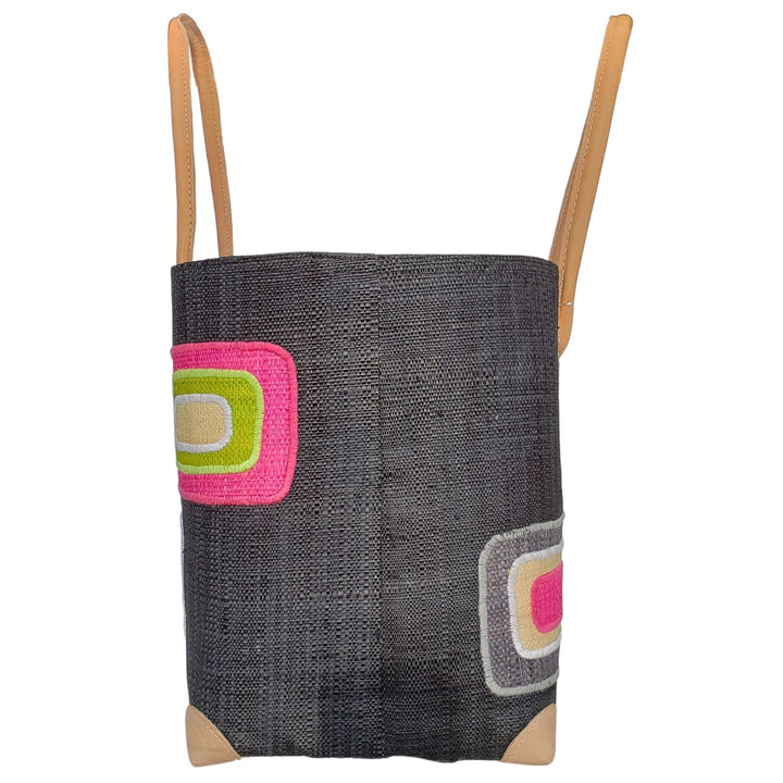 Ahitra: Authentic Madagascar Multicolored Raffia and Leather Hand Bag (Black)