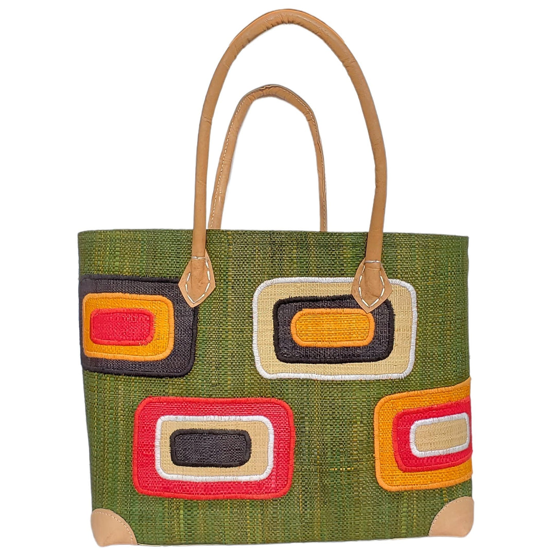 Ahitra: Authentic Madagascar Multicolored Raffia and Leather Hand Bag (Forest Green)