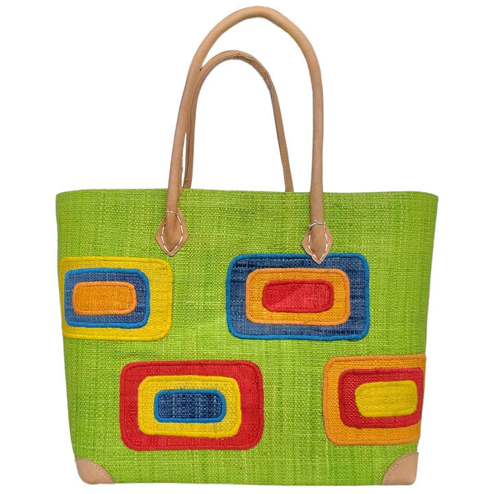Ahitra: Authentic Madagascar Multicolored Raffia and Leather Hand Bag (Light Green)