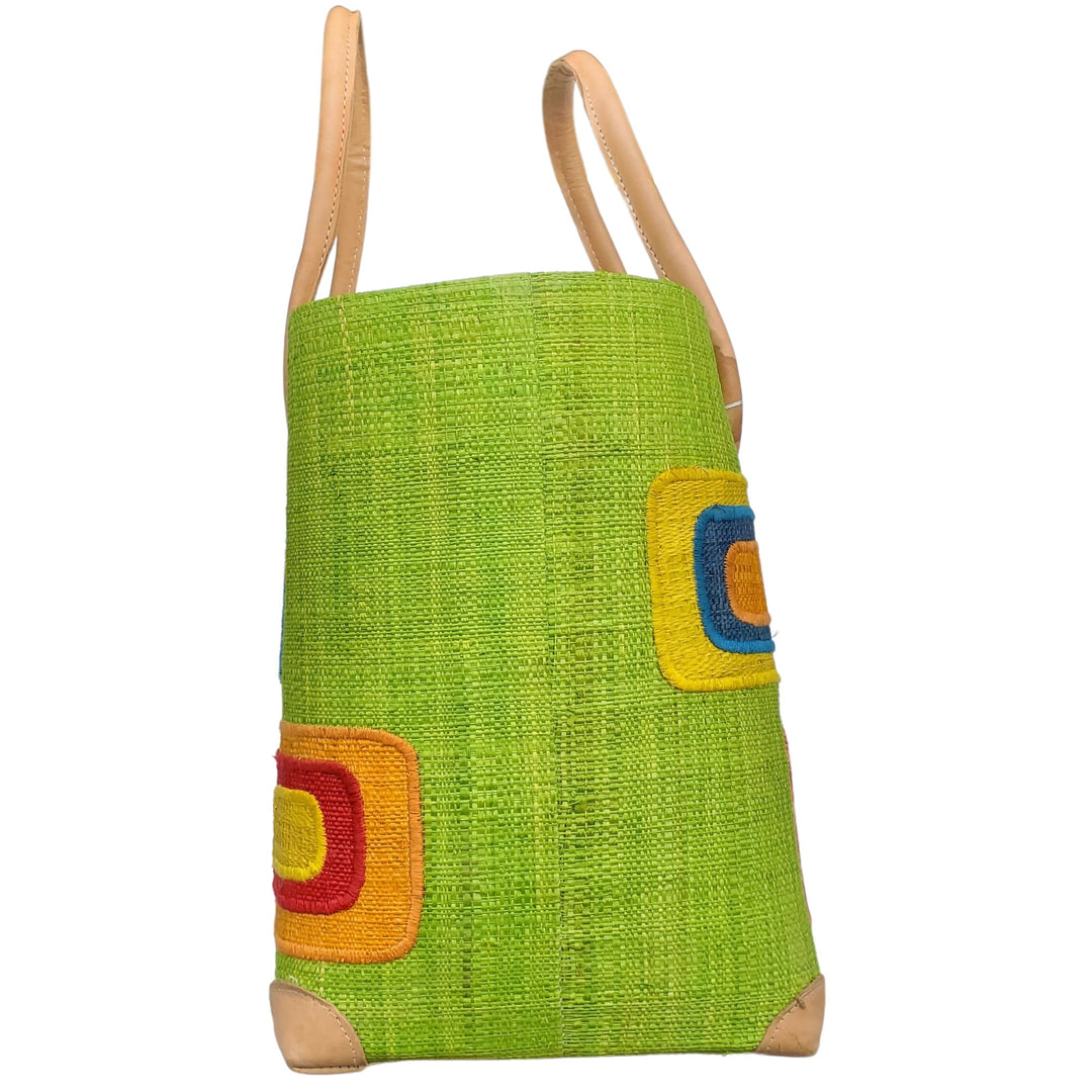 Ahitra: Authentic Madagascar Multicolored Raffia and Leather Hand Bag (Light Green)