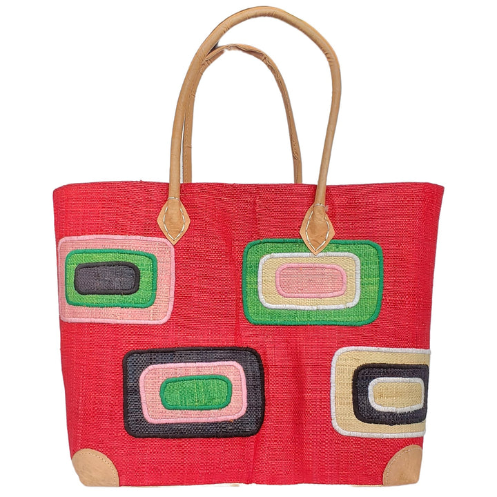 Ahitra: Authentic Madagascar Multicolored Raffia and Leather Hand Bag (Red)