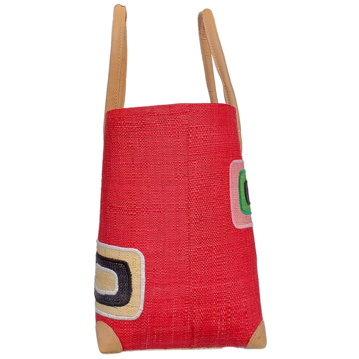 Ahitra: Authentic Madagascar Multicolored Raffia and Leather Hand Bag (Red)