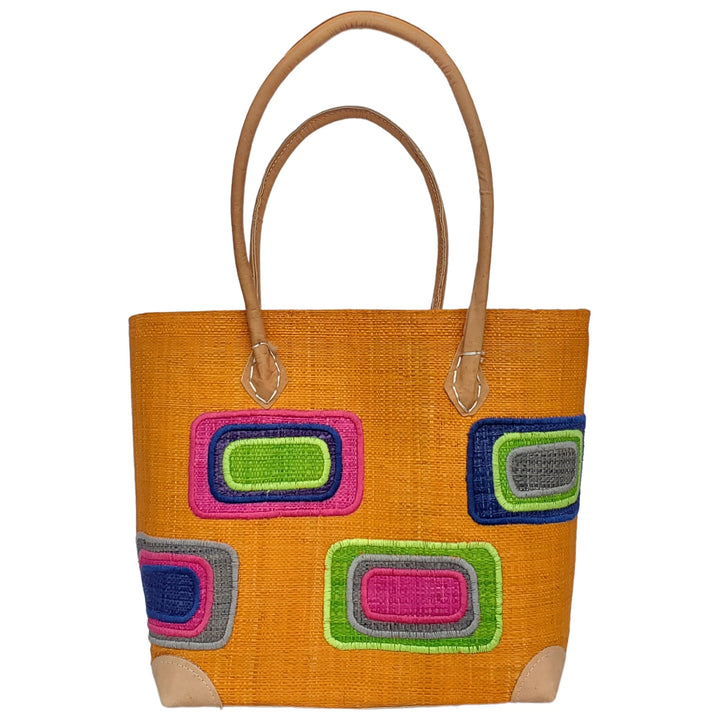 Ahitra: Authentic Madagascar Multicolored Raffia and Leather Hand Bag (Orange)