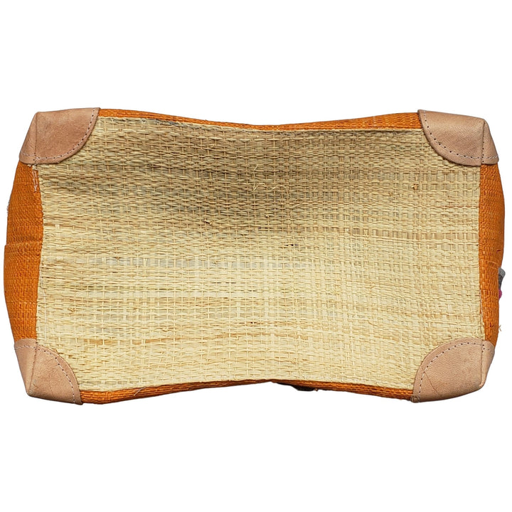 Ahitra: Authentic Madagascar Multicolored Raffia and Leather Hand Bag (Orange)