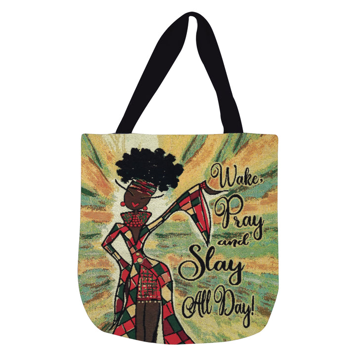 Wake, Pray and Slay All Day Woven Tapestry Tote Bag by Kiwi McDowell