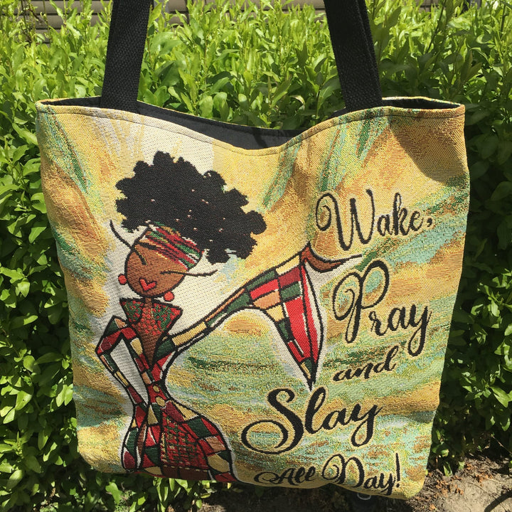 Wake, Pray and Slay All Day Woven Tapestry Tote Bag by Kiwi McDowell