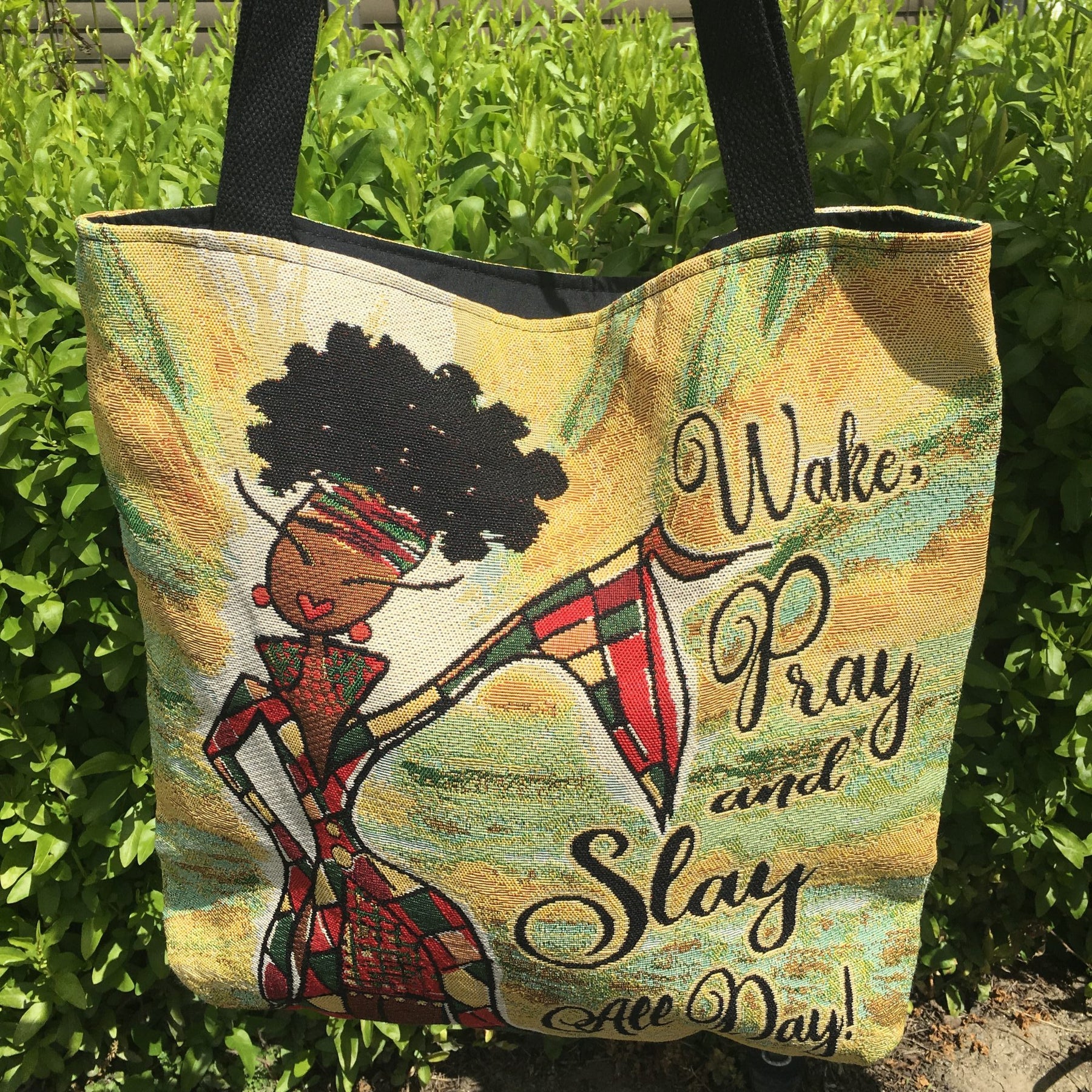 3 of 3: Wake, Pray and Slay All Day Woven Tapestry Tote Bag by Kiwi McDowell