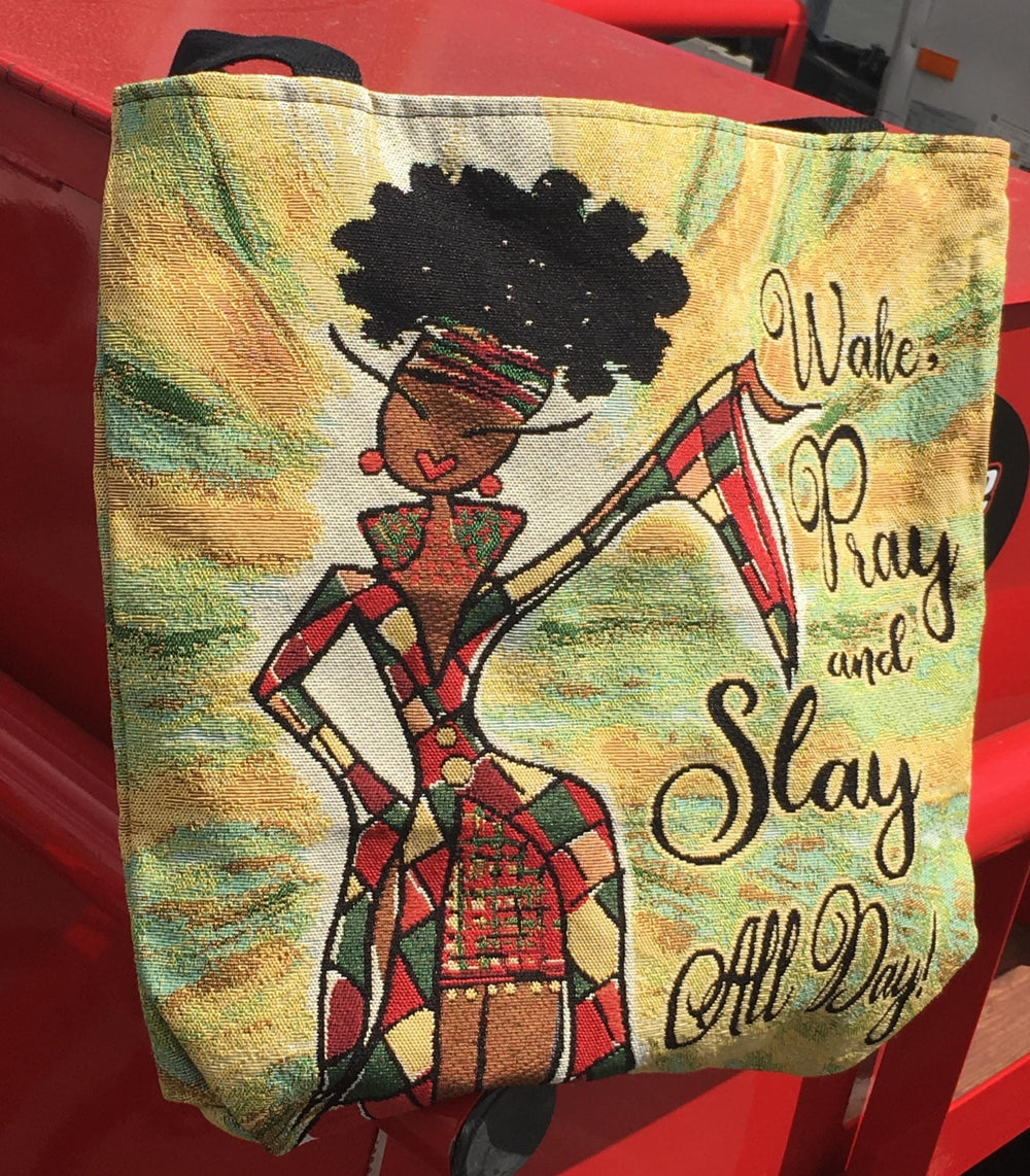 Wake, Pray and Slay All Day Woven Tapestry Tote Bag by Kiwi McDowell