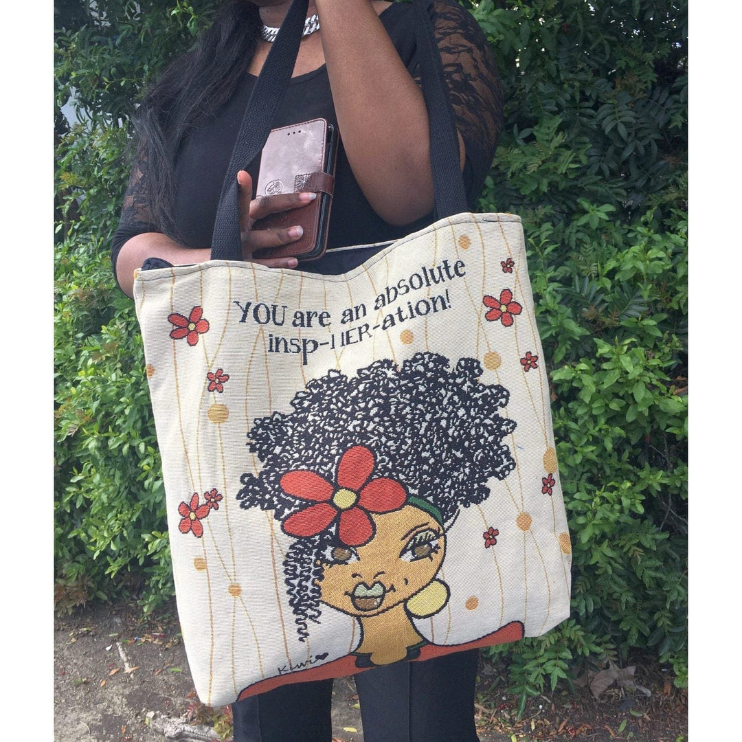 You Are an Insp-HER-ation: African American Woven Tote Bag by Kiwi McDowell