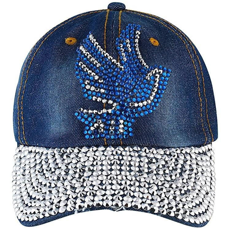 Zeta Phi Beta Inspired Sparking Blue and White Dove Distressed Denim Bling Cap